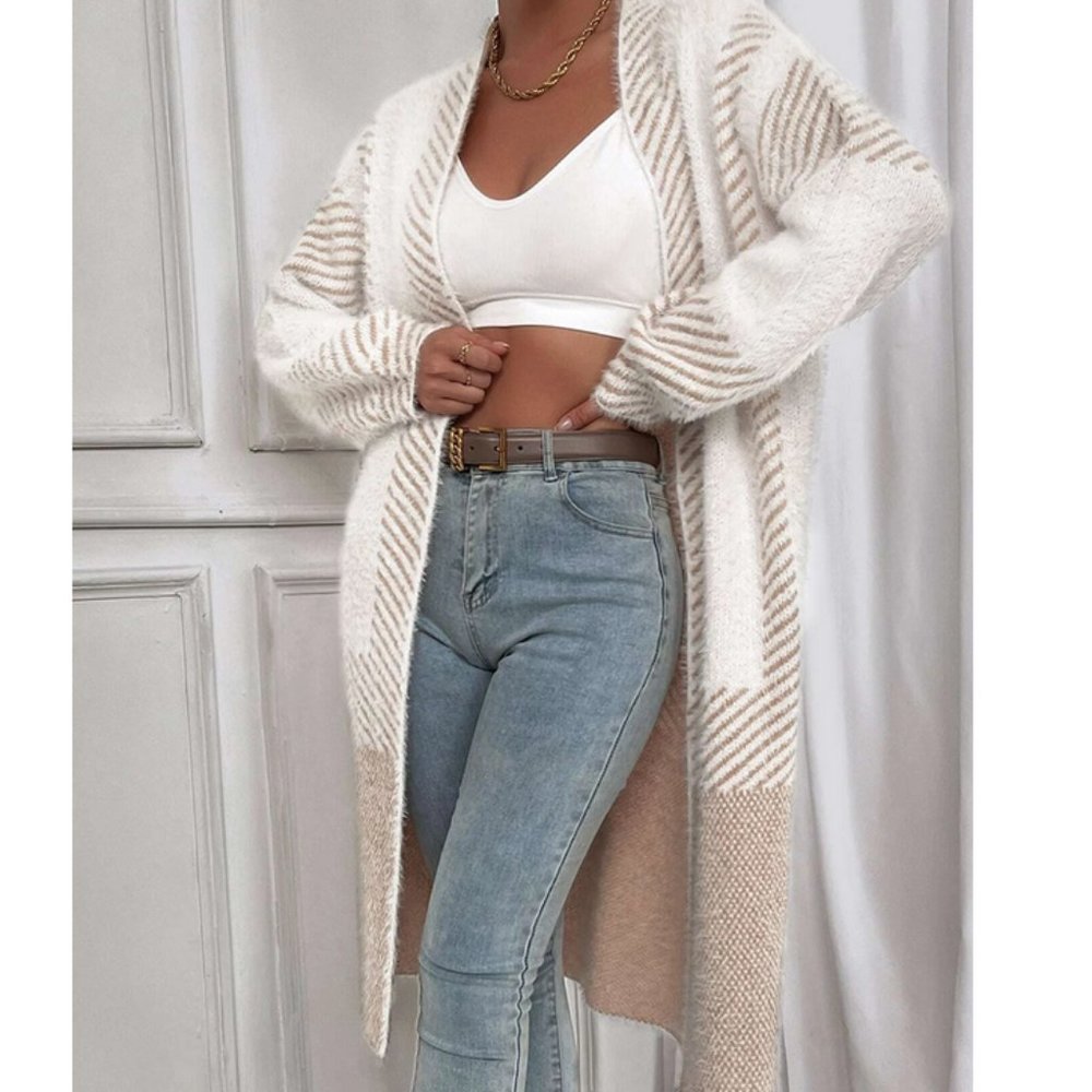 Tan  Striped Pattern Fuzzy Duster Knit Sweater Cardigan - Picture 6 of 10